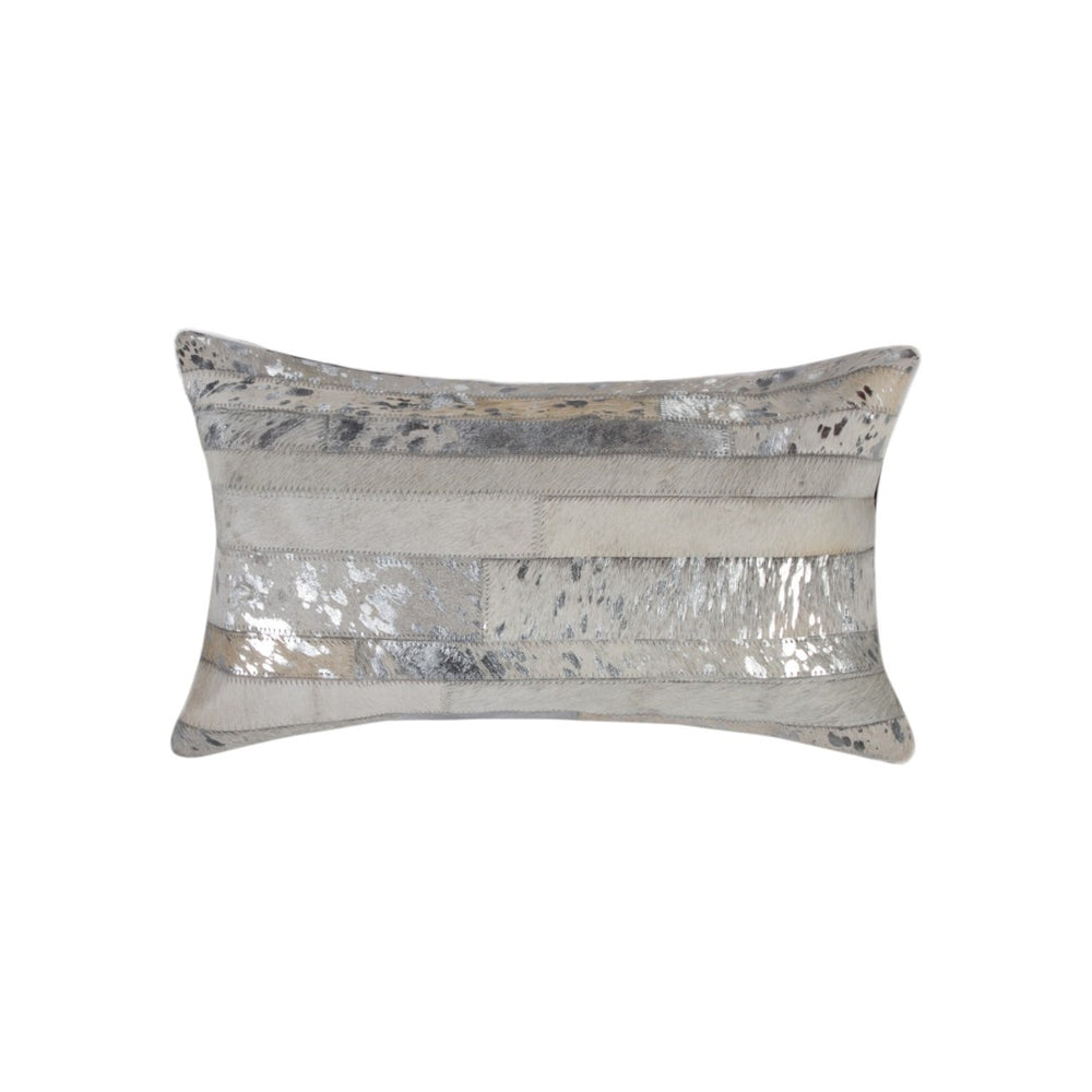 HomeRoots Set of Two 12" X 20" Gray & Silver Cowhide Lumbar Pillows with Glitter – Chic Comfort & Style! 544633