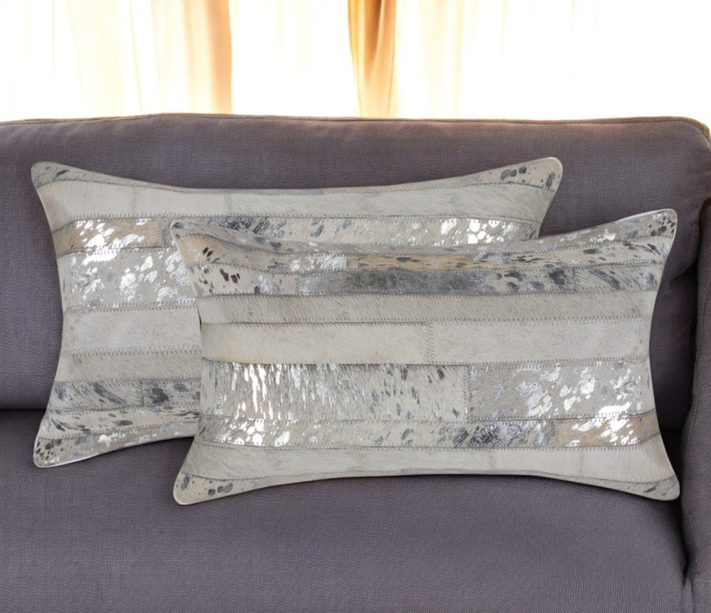 HomeRoots Set of Two 12" X 20" Gray & Silver Cowhide Lumbar Pillows with Glitter – Chic Comfort & Style! 544633