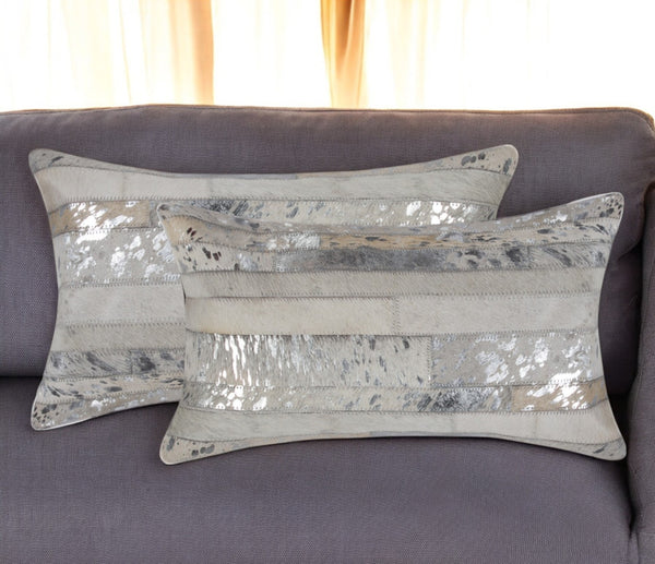 Homeroots Set Of Two Gray And Silver Striped Cowhide Lumbar Pillows With Glitter – Chic, Soft, And Stylish Decor   544633