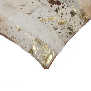 HomeRoots Set of Two 12" x 20" Natural Cowhide & Gold Glitter Lumbar Pillows for Luxe Home Decor Comfort 544635