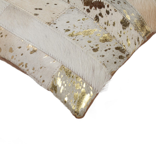 HomeRoots Set of Two 12" x 20" Natural Cowhide & Gold Glitter Lumbar Pillows for Luxe Home Decor Comfort 544635