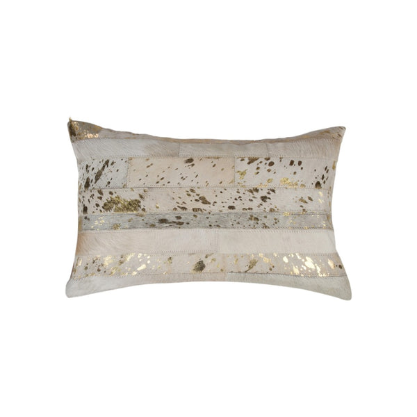 HomeRoots Set of Two 12" x 20" Natural Cowhide & Gold Glitter Lumbar Pillows for Luxe Home Decor Comfort 544635