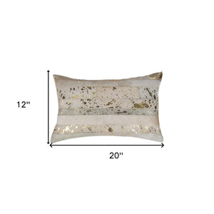 HomeRoots Set of Two 12" x 20" Natural Cowhide & Gold Glitter Lumbar Pillows for Luxe Home Decor Comfort 544635