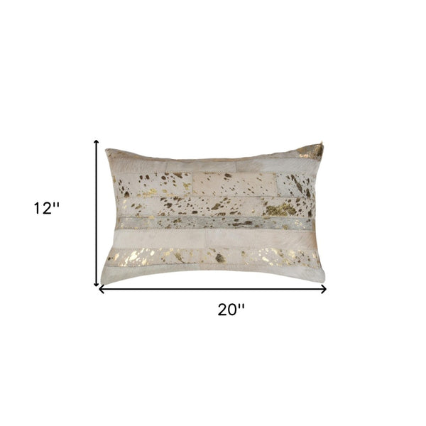 HomeRoots Set of Two 12" x 20" Natural Cowhide & Gold Glitter Lumbar Pillows for Luxe Home Decor Comfort 544635