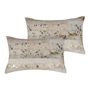 HomeRoots Set of Two 12" x 20" Natural Cowhide & Gold Glitter Lumbar Pillows for Luxe Home Decor Comfort 544635