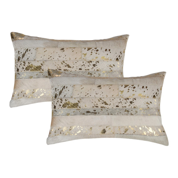 HomeRoots Set of Two 12" x 20" Natural Cowhide & Gold Glitter Lumbar Pillows for Luxe Home Decor Comfort 544635