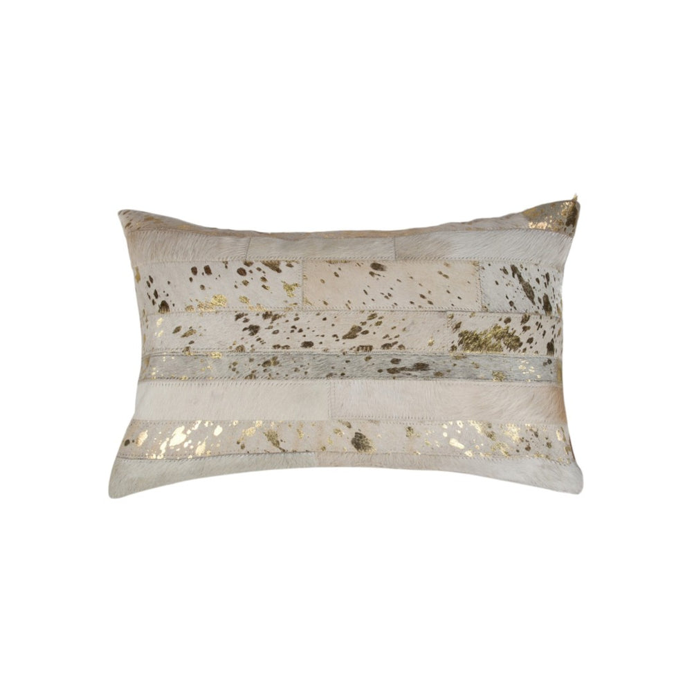 HomeRoots Set of Two 12" x 20" Natural Cowhide & Gold Glitter Lumbar Pillows for Luxe Home Decor Comfort 544635