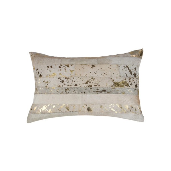 HomeRoots Set of Two 12" x 20" Natural Cowhide & Gold Glitter Lumbar Pillows for Luxe Home Decor Comfort 544635