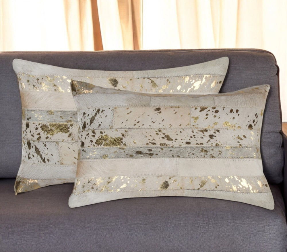 HomeRoots Set of Two 12" x 20" Natural Cowhide & Gold Glitter Lumbar Pillows for Luxe Home Decor Comfort 544635