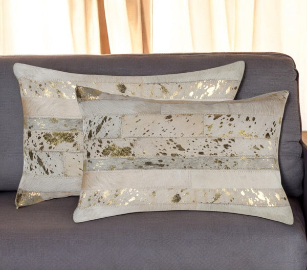HomeRoots Set of Two 12" x 20" Natural Cowhide & Gold Glitter Lumbar Pillows for Luxe Home Decor Comfort 544635