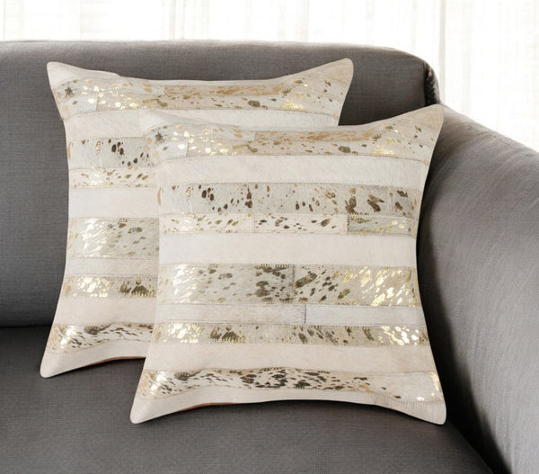 HomeRoots Set of Two 18" Striped Cowhide Throw Pillows with Glitter Accents for Luxe Home Decor Style 544636