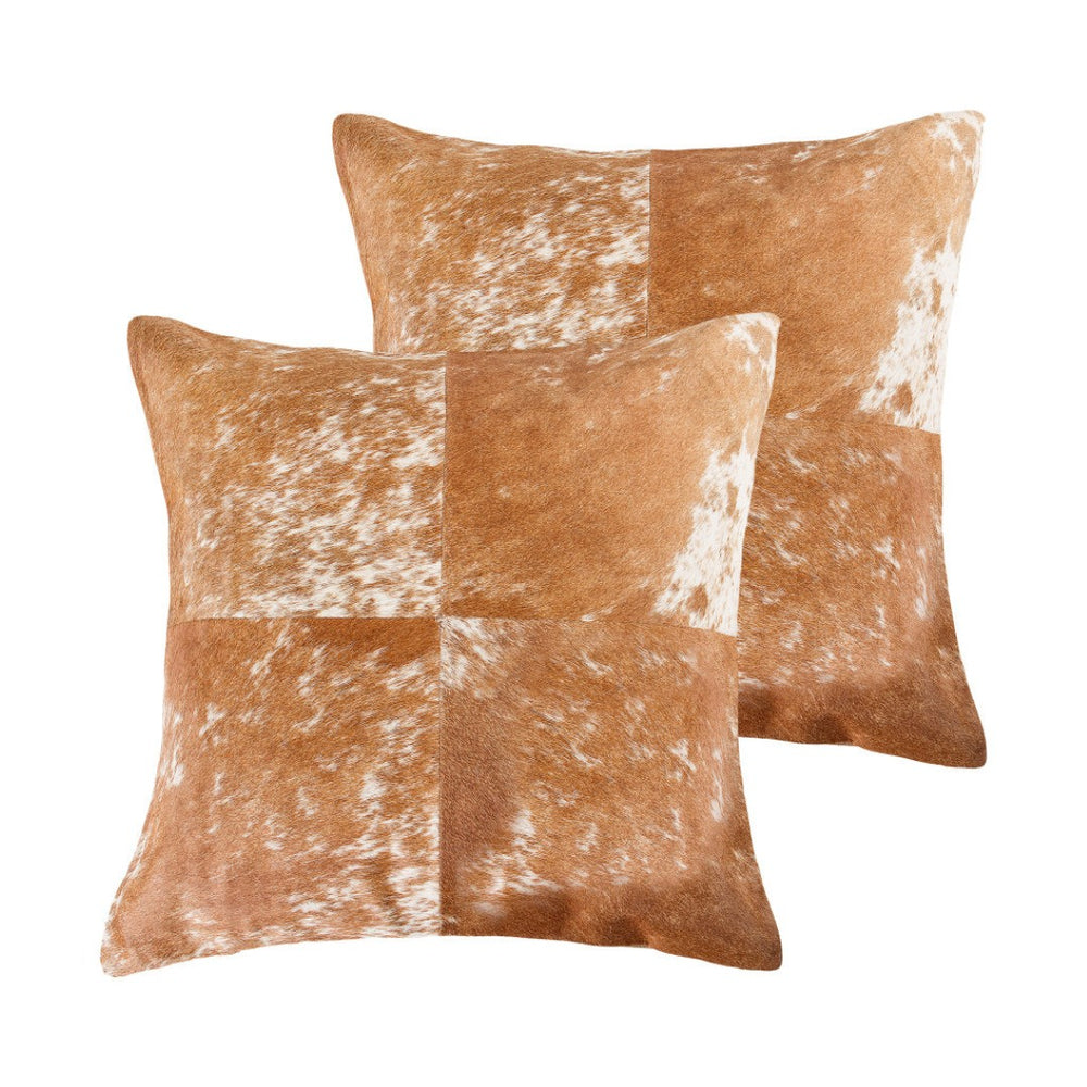 HomeRoots Set of Two Genuine 18" Brown and White Cowhide Throw Pillows for Rustic Home Decor Comfort 544639