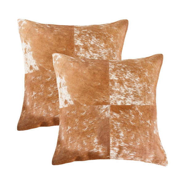HomeRoots Set of Two Genuine 18" Brown and White Cowhide Throw Pillows for Rustic Home Decor Comfort 544639