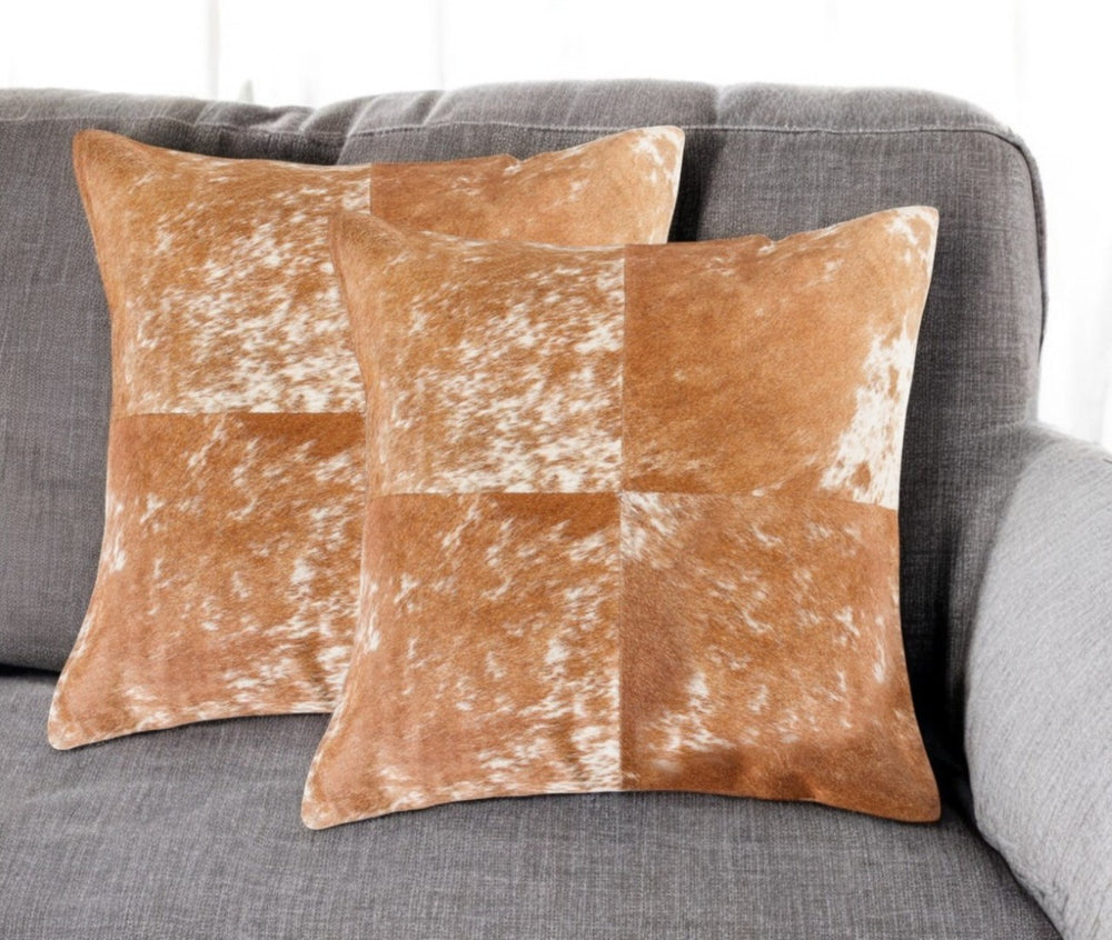 HomeRoots Set of Two Genuine 18" Brown and White Cowhide Throw Pillows for Rustic Home Decor Comfort 544639