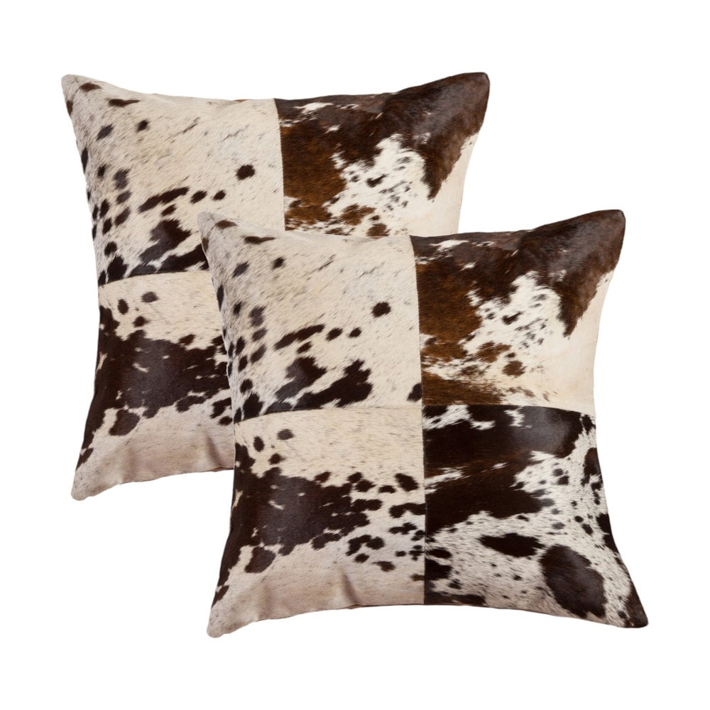 HomeRoots Set of Two 18" Chocolate & White Cowhide Throw Pillows - Rustic Elegance for Cozy Living Spaces 544640