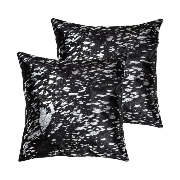 HomeRoots Set of Two Luxurious 18" Black and Silver Abstract Cowhide Throw Pillows with Glitter Accents 544641