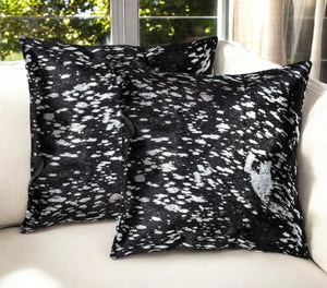 HomeRoots Set of Two Luxurious 18" Black and Silver Abstract Cowhide Throw Pillows with Glitter Accents 544641