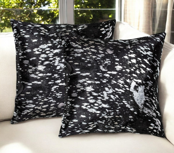 HomeRoots Set of Two Luxurious 18" Black and Silver Abstract Cowhide Throw Pillows with Glitter Accents 544641