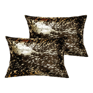 HomeRoots Set of Two Luxurious 12" X 20" Chocolate & Gold Cowhide Lumbar Pillows with Glitter Accents 544642