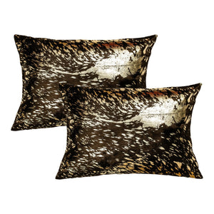 HomeRoots Set of Two Luxurious 12" X 20" Chocolate & Gold Cowhide Lumbar Pillows with Glitter Accents 544642