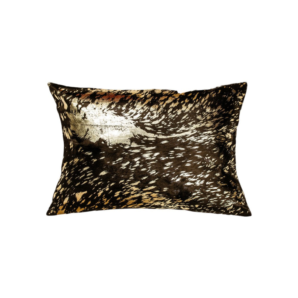 HomeRoots Set of Two Luxurious 12" X 20" Chocolate & Gold Cowhide Lumbar Pillows with Glitter Accents 544642