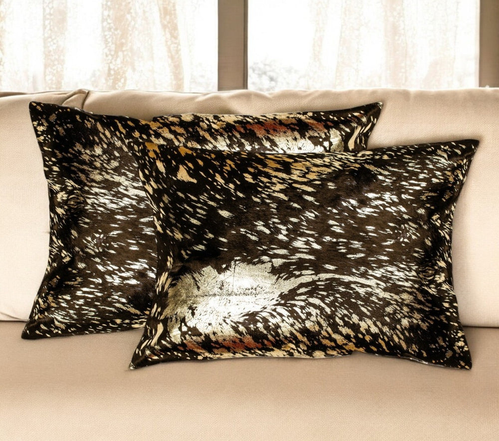 HomeRoots Set of Two Luxurious 12" X 20" Chocolate & Gold Cowhide Lumbar Pillows with Glitter Accents 544642
