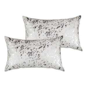 HomeRoots Set of Two Luxurious 12" x 20" Gray & Silver Cowhide Throw Pillows with Glitter for Chic Décor 544644