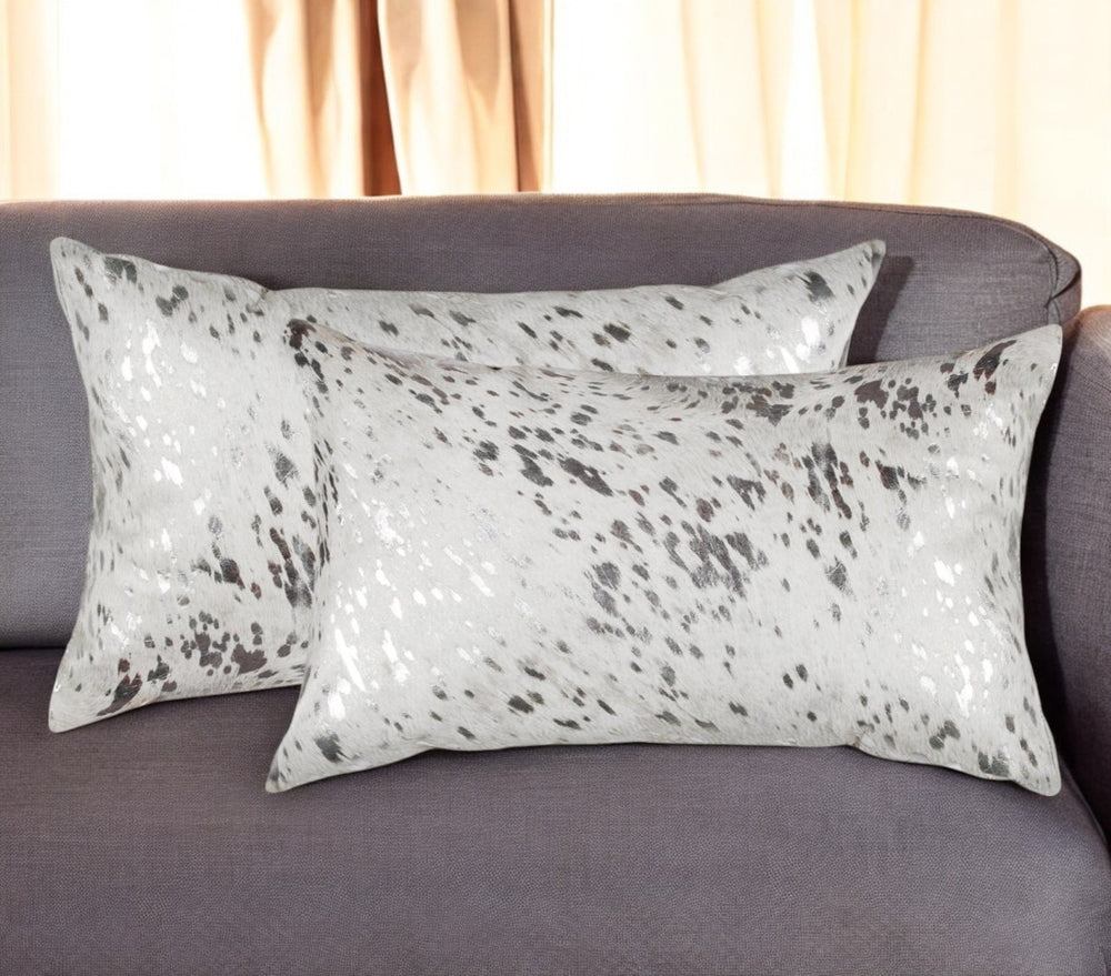 HomeRoots Set of Two Luxurious 12" x 20" Gray & Silver Cowhide Throw Pillows with Glitter for Chic Décor 544644