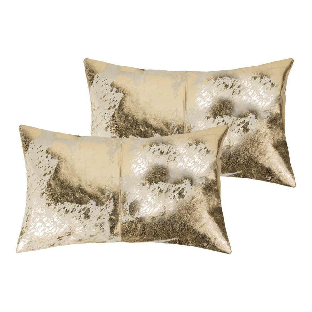 HomeRoots Set of Two Luxurious Natural and Gold Cowhide Lumbar Throw Pillows for Elegant Home Décor 544646