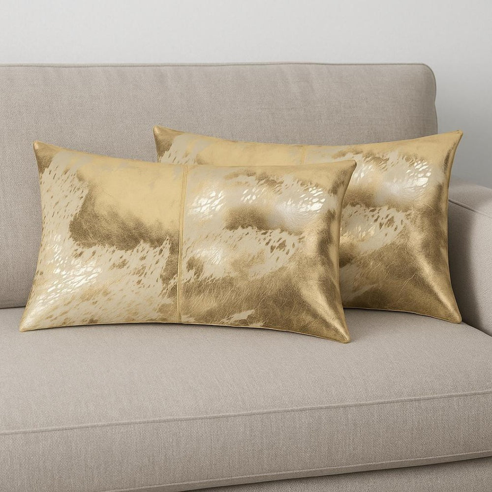 HomeRoots Set of Two Luxurious Natural and Gold Cowhide Lumbar Throw Pillows for Elegant Home Décor 544646
