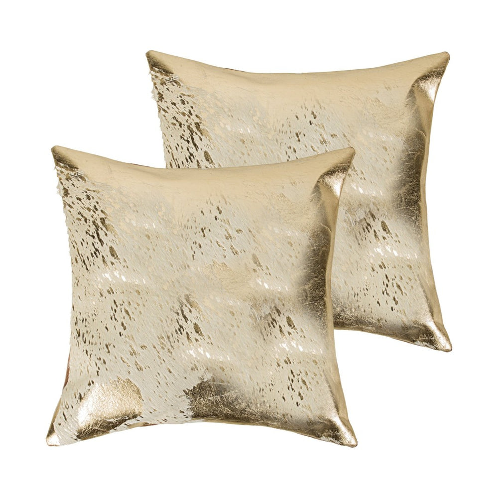 HomeRoots Set of Two 18" Natural & Gold Abstract Cowhide Throw Pillows with Glitter for Chic Home Decor 544647