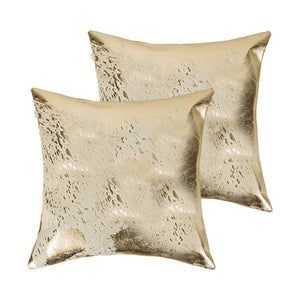 HomeRoots Set of Two 18" Natural & Gold Abstract Cowhide Throw Pillows with Glitter for Chic Home Decor 544647