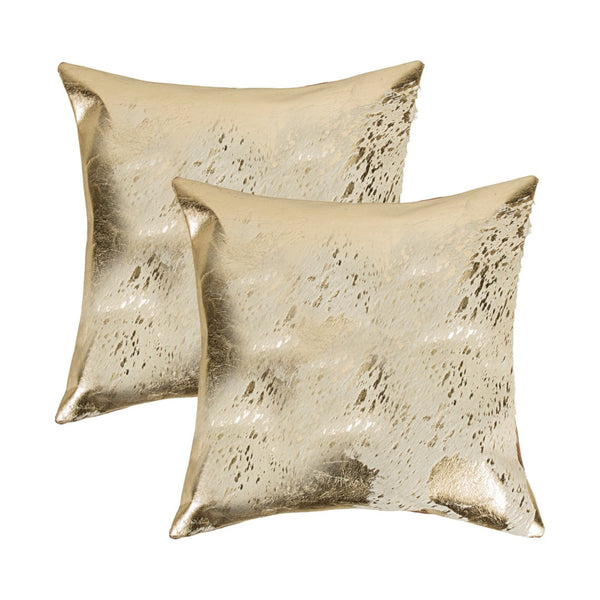 HomeRoots Set of Two 18" Natural & Gold Abstract Cowhide Throw Pillows with Glitter for Chic Home Decor 544647