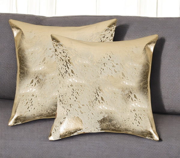 HomeRoots Set of Two 18" Natural & Gold Abstract Cowhide Throw Pillows with Glitter for Chic Home Decor 544647