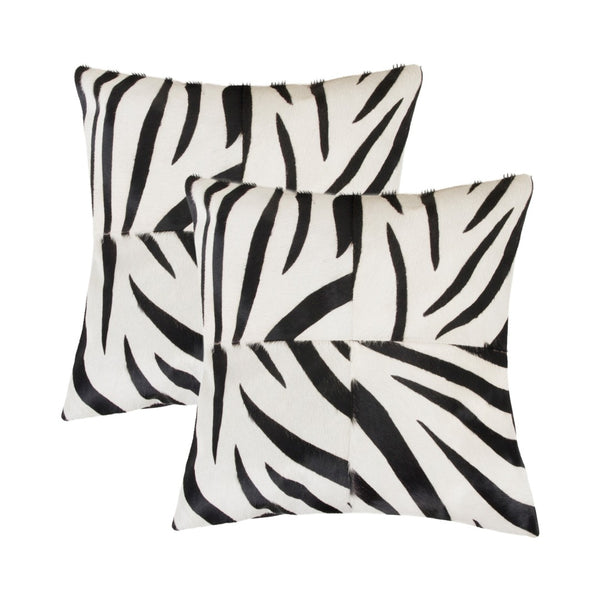 HomeRoots Set of Two 18" Zebra Cowhide Throw Pillows - Bold Black and White Accent for Modern Spaces 544653