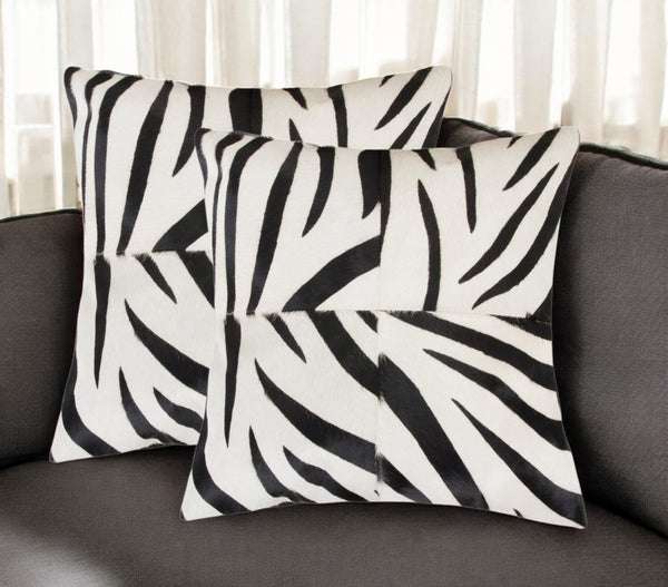 HomeRoots Set of Two 18" Zebra Cowhide Throw Pillows - Bold Black and White Accent for Modern Spaces 544653