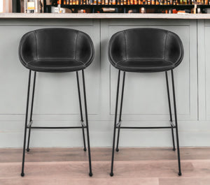 Homeroots Set Of Two 30" Black Faux Leather And Steel Low Back Bar Height Bar Chairs   544688