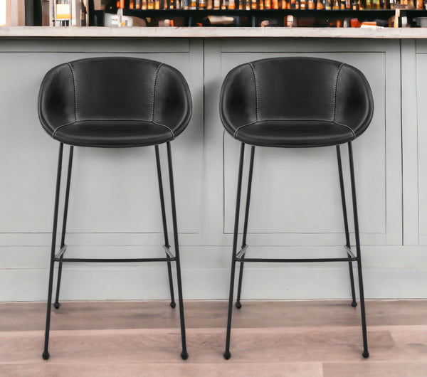 Homeroots Set Of Two 30" Black Faux Leather And Steel Low Back Bar Height Bar Chairs   544688