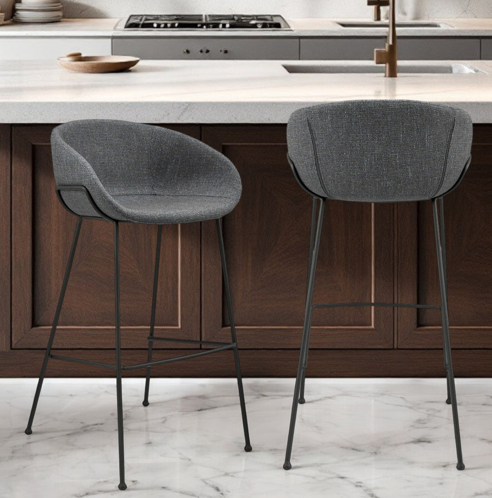 Homeroots Set Of Two 30" Gray And Black Fabric And Steel Low Back Bar Height Bar Chairs   544690