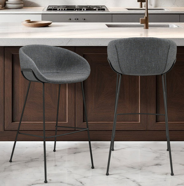 Homeroots Set Of Two 30" Gray And Black Fabric And Steel Low Back Bar Height Bar Chairs   544690