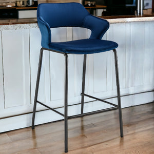 Homeroots 26" Blue And Black Velvet And Steel Low Back Counter Height Bar Chair   544696