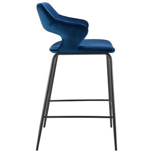Homeroots 26" Blue And Black Velvet And Steel Low Back Counter Height Bar Chair   544696