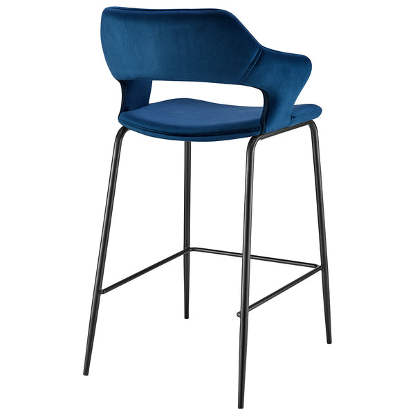 Homeroots 26" Blue And Black Velvet And Steel Low Back Counter Height Bar Chair   544696