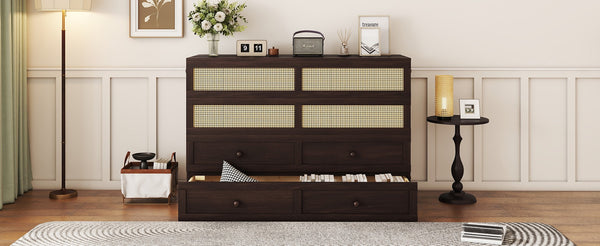 English Elm Queen Size Murphy Bed - Elegant Pine Cabinet With Rattan Accents, Espresso Finish & Storage Drawer W504S00230-GIGA