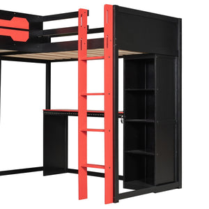 English Elm L-shaped Gaming Loft Bunk Bed Twin Wood Frame Rgb Lighting Usb Ports Storage Shelves Red LT000295AAR