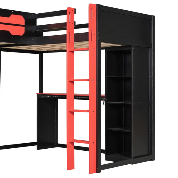 English Elm L-shaped Gaming Loft Bunk Bed Twin Wood Frame Rgb Lighting Usb Ports Storage Shelves Red LT000295AAR