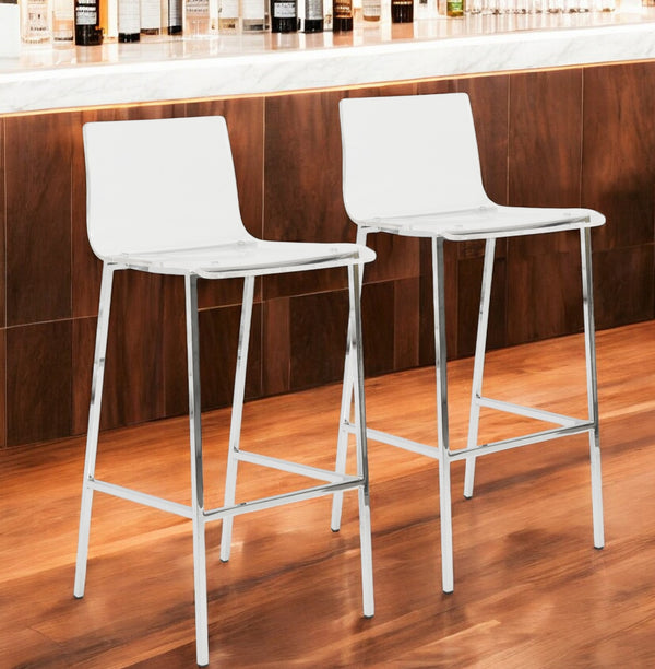 Homeroots Set Of Two 30" Clear And Silver Acrylic And Steel Low Back Bar Height Bar Chairs   544704