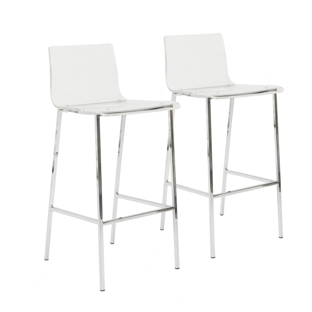 Homeroots Set Of Two 30" Clear And Silver Acrylic And Steel Low Back Bar Height Bar Chairs   544704