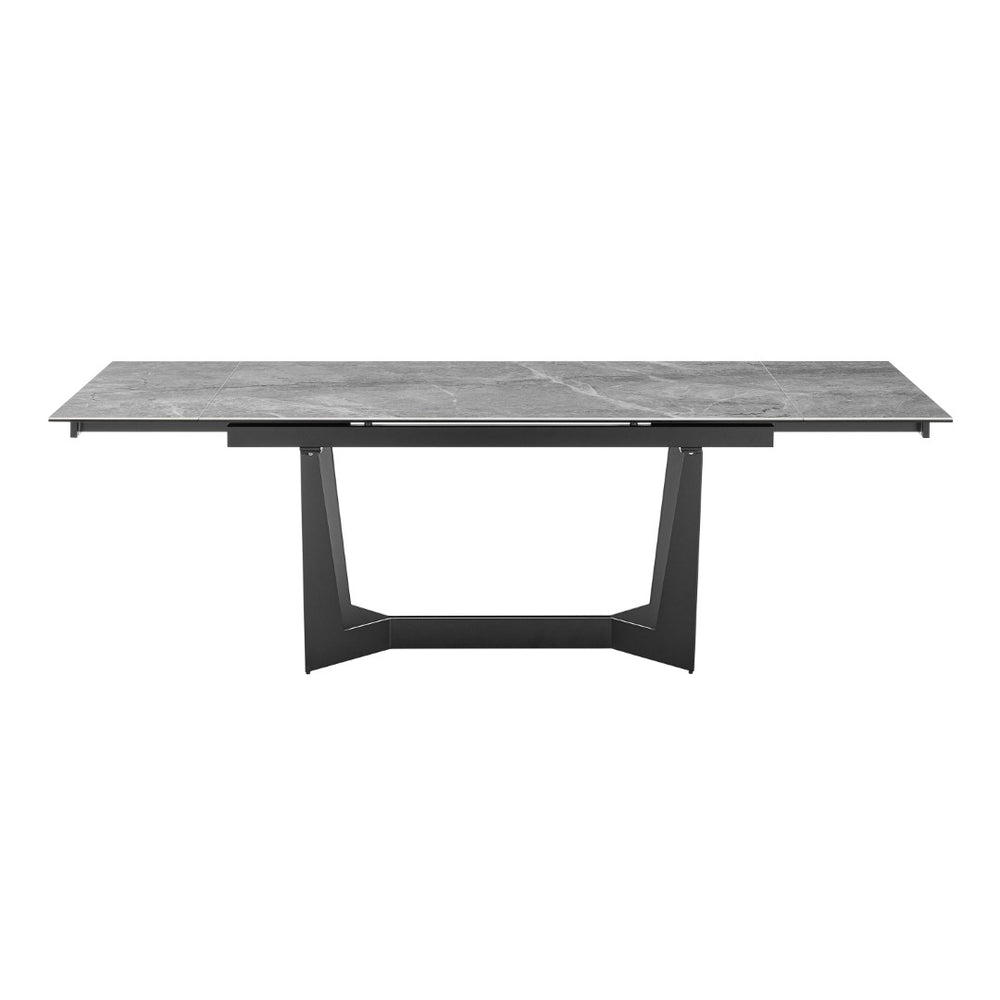 HomeRoots 94" Elegant Gray and Black Ceramic Dining Table with Durable Steel Trestle Base for Modern Homes 544709