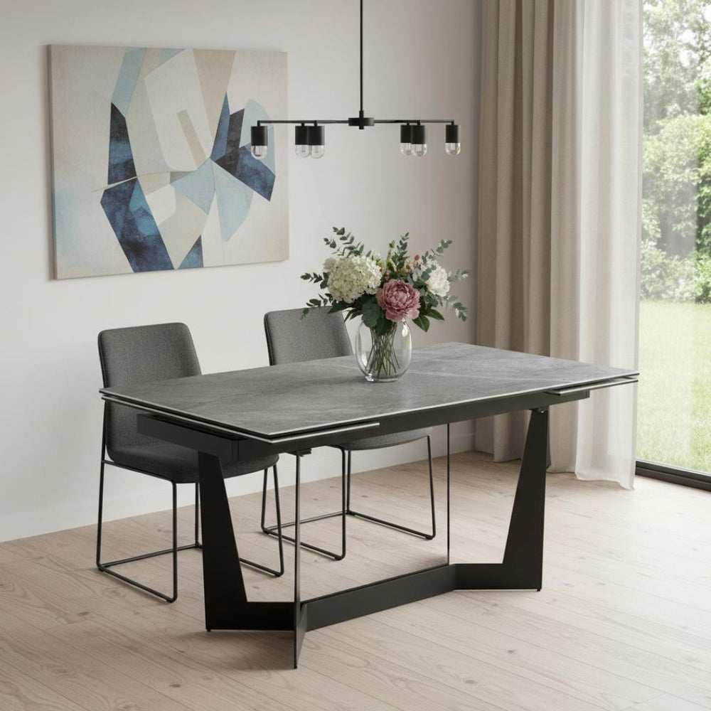 HomeRoots 94" Elegant Gray and Black Ceramic Dining Table with Durable Steel Trestle Base for Modern Homes 544709